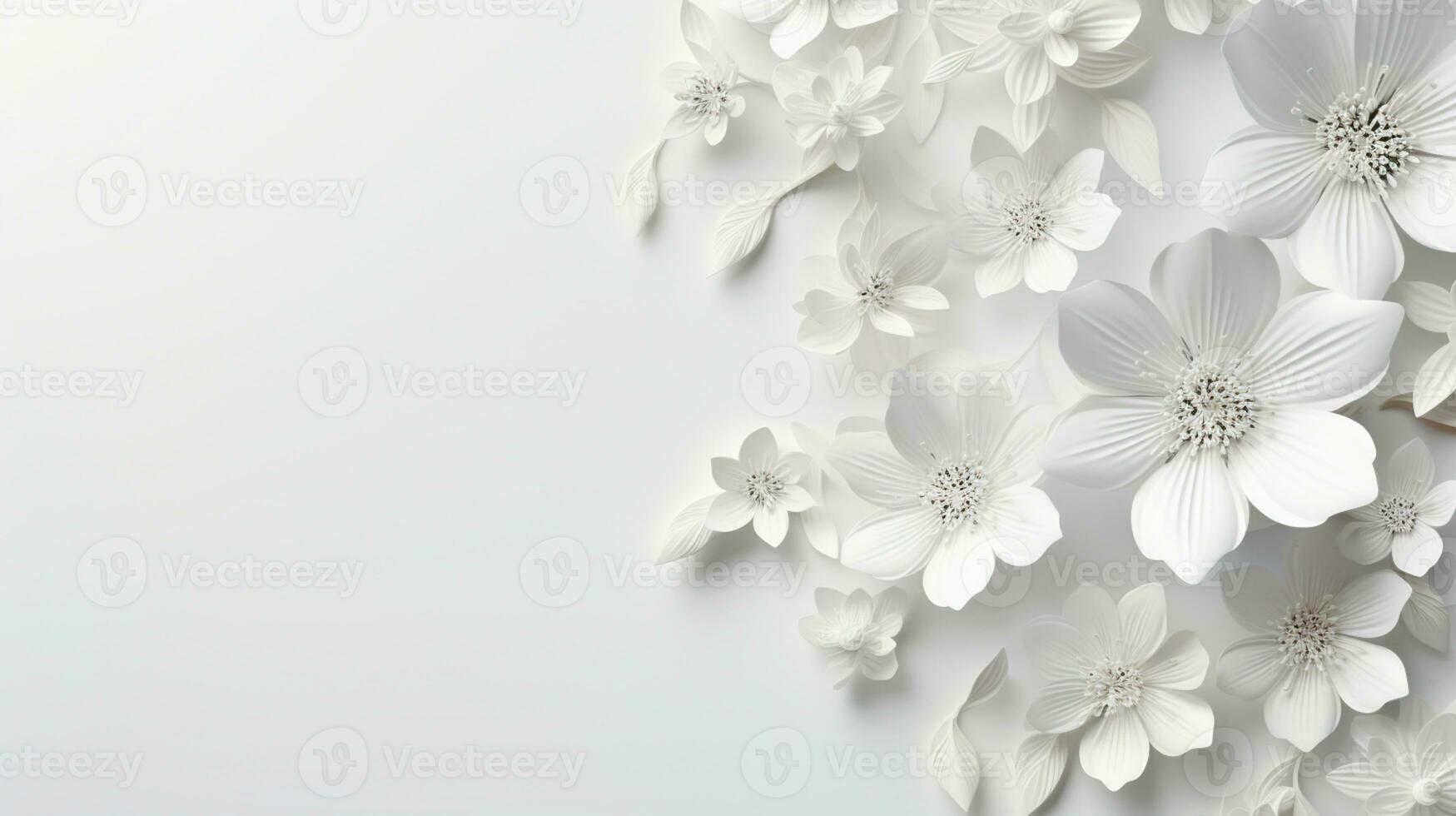 white paper flowers background, wedding decoration, bridal bouquet, greeting card template, copy space, AI Generative photo