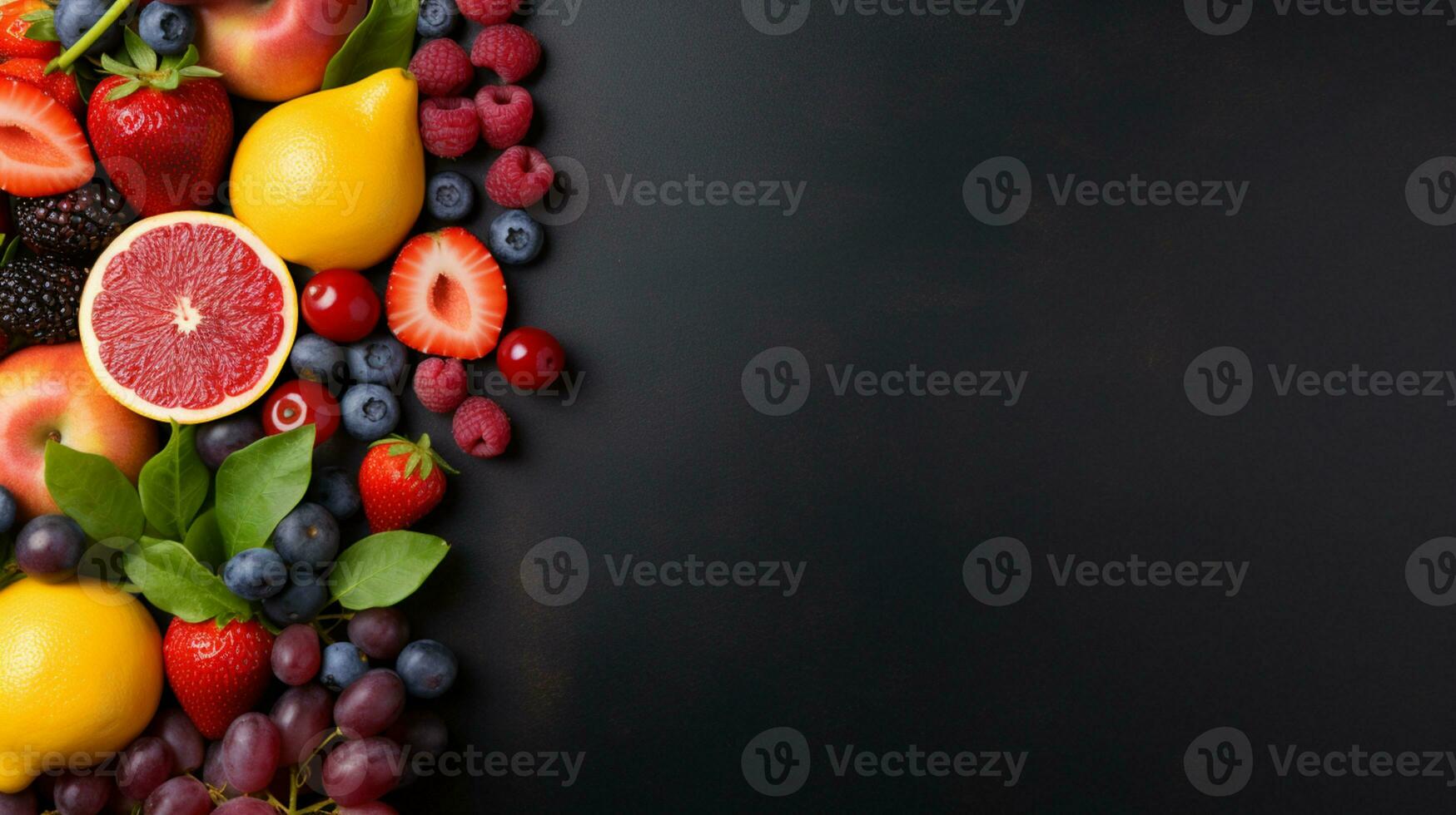 Fresh organic fruits lineup isolated on background, copy space, AI Generative photo