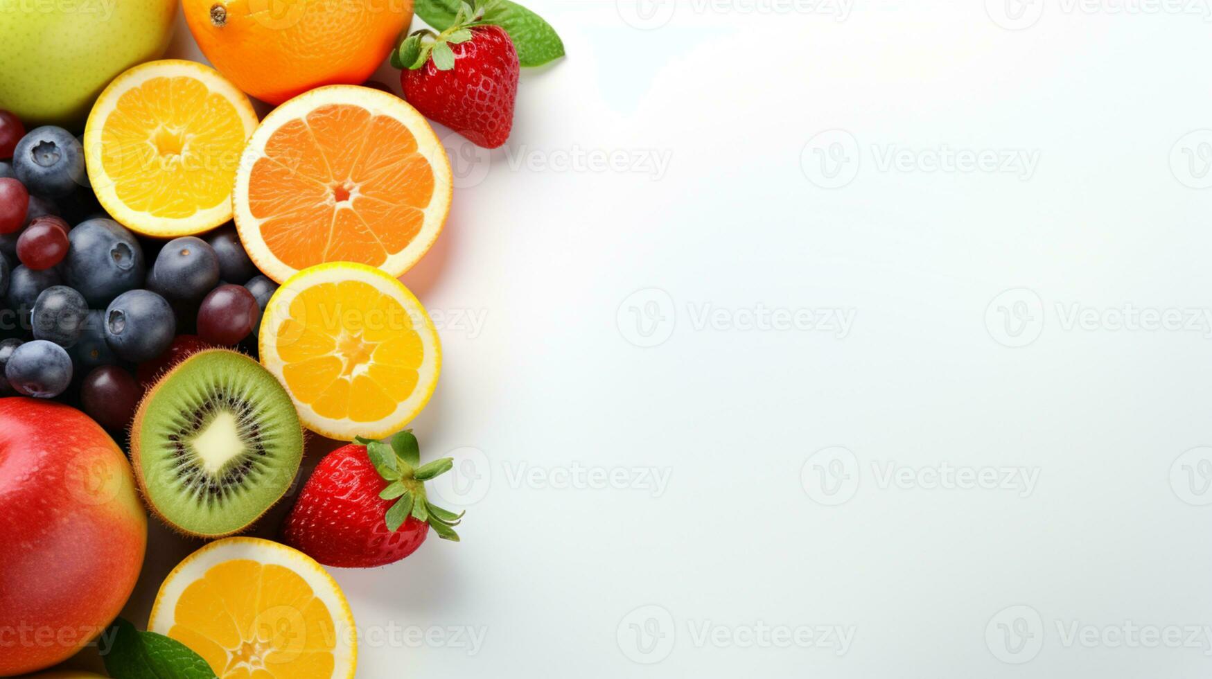 Fresh organic fruits lineup isolated on background, copy space, AI Generative photo