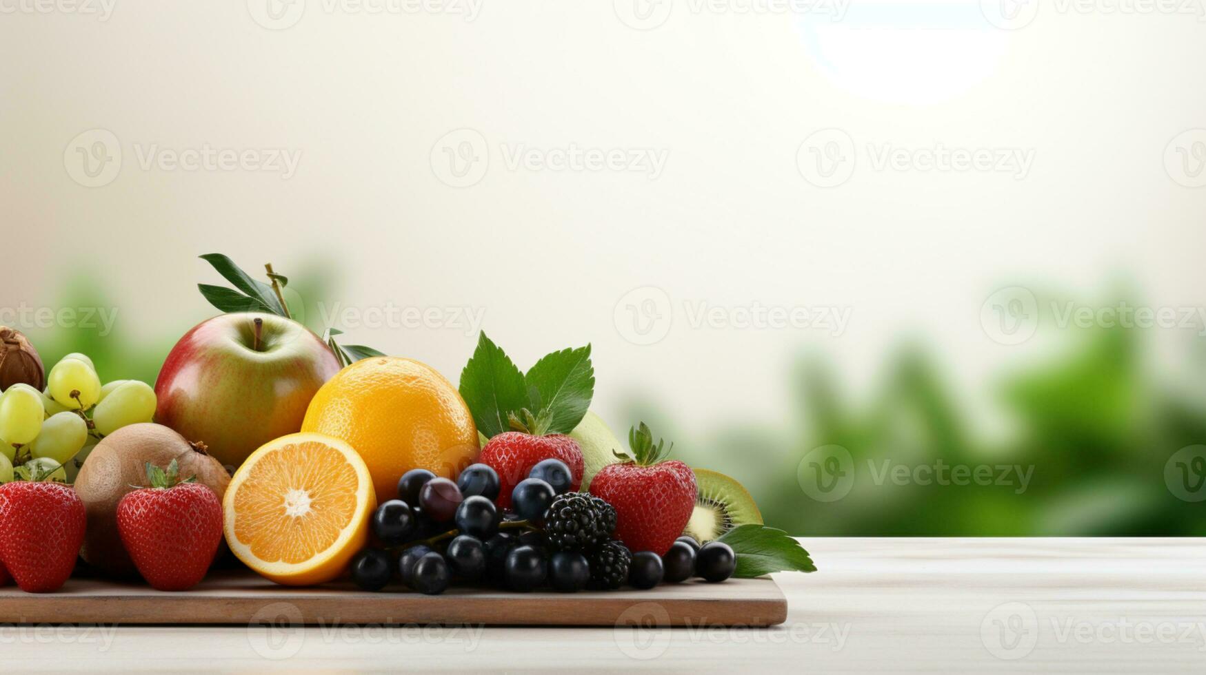 Fresh organic fruits lineup isolated on background, copy space, AI Generative photo