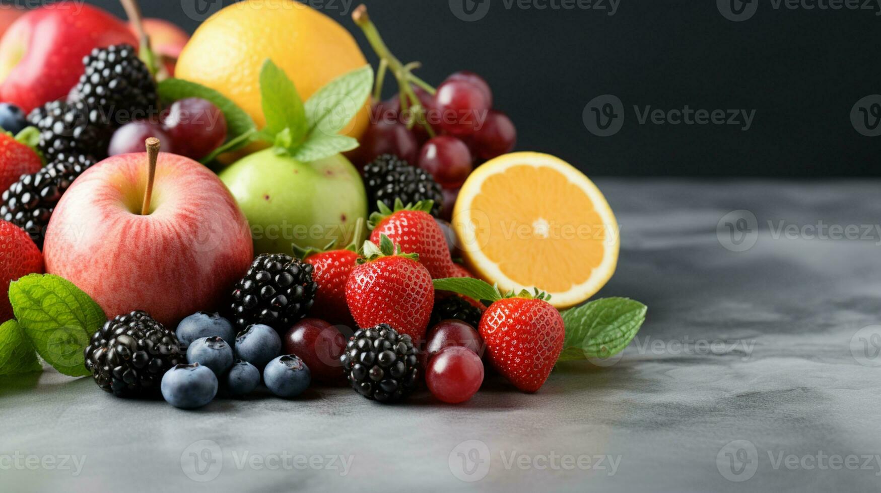 Fresh organic fruits lineup isolated on background, copy space, AI Generative photo