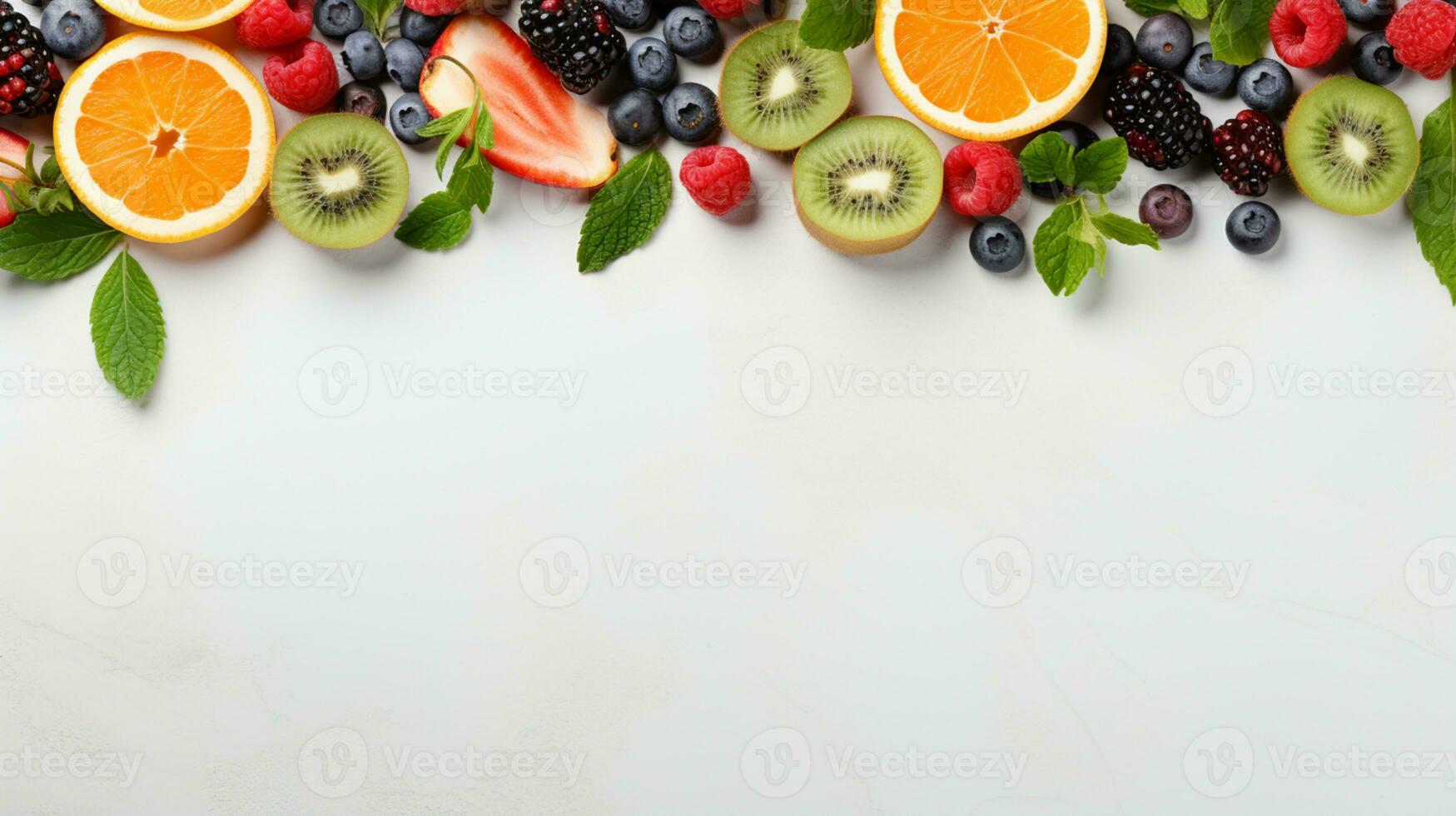 Fresh organic fruits lineup isolated on background, copy space, AI Generative photo