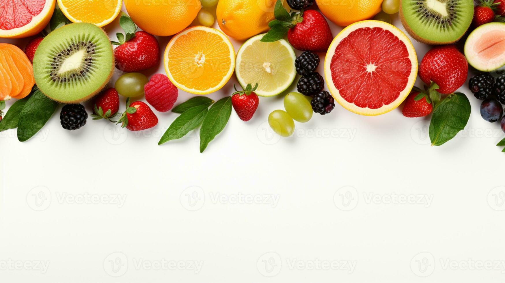 Fresh organic fruits lineup isolated on background, copy space, AI Generative photo