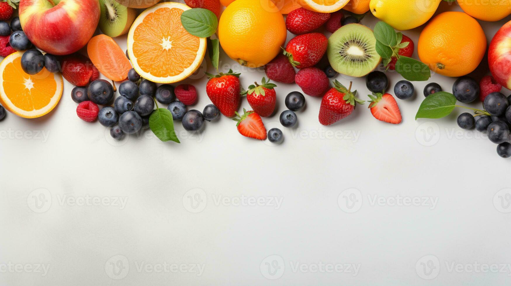 Fresh organic fruits lineup isolated on background, copy space, AI Generative photo