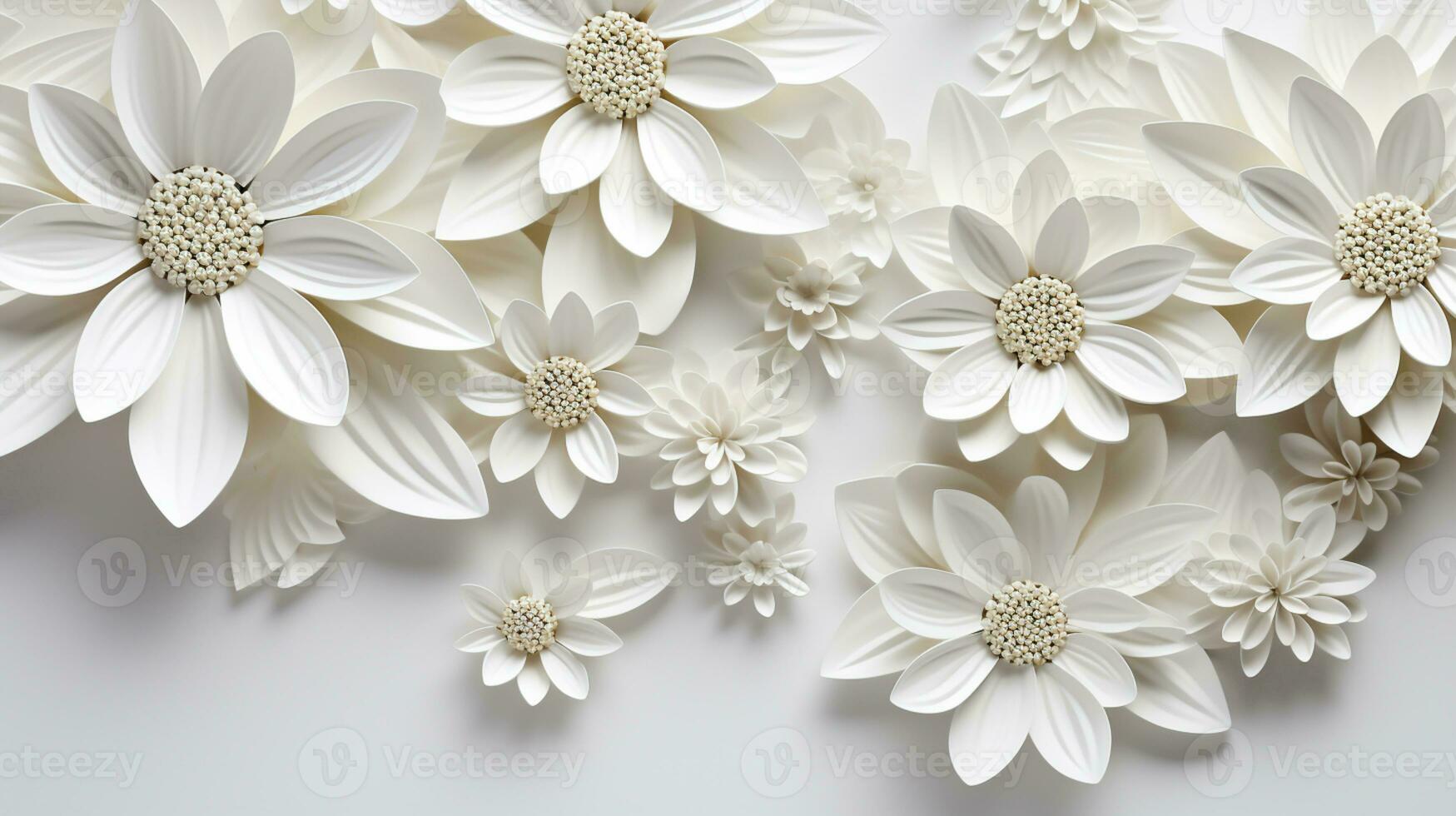 white paper flowers background, wedding decoration, bridal bouquet, greeting card template, copy space, AI Generative photo