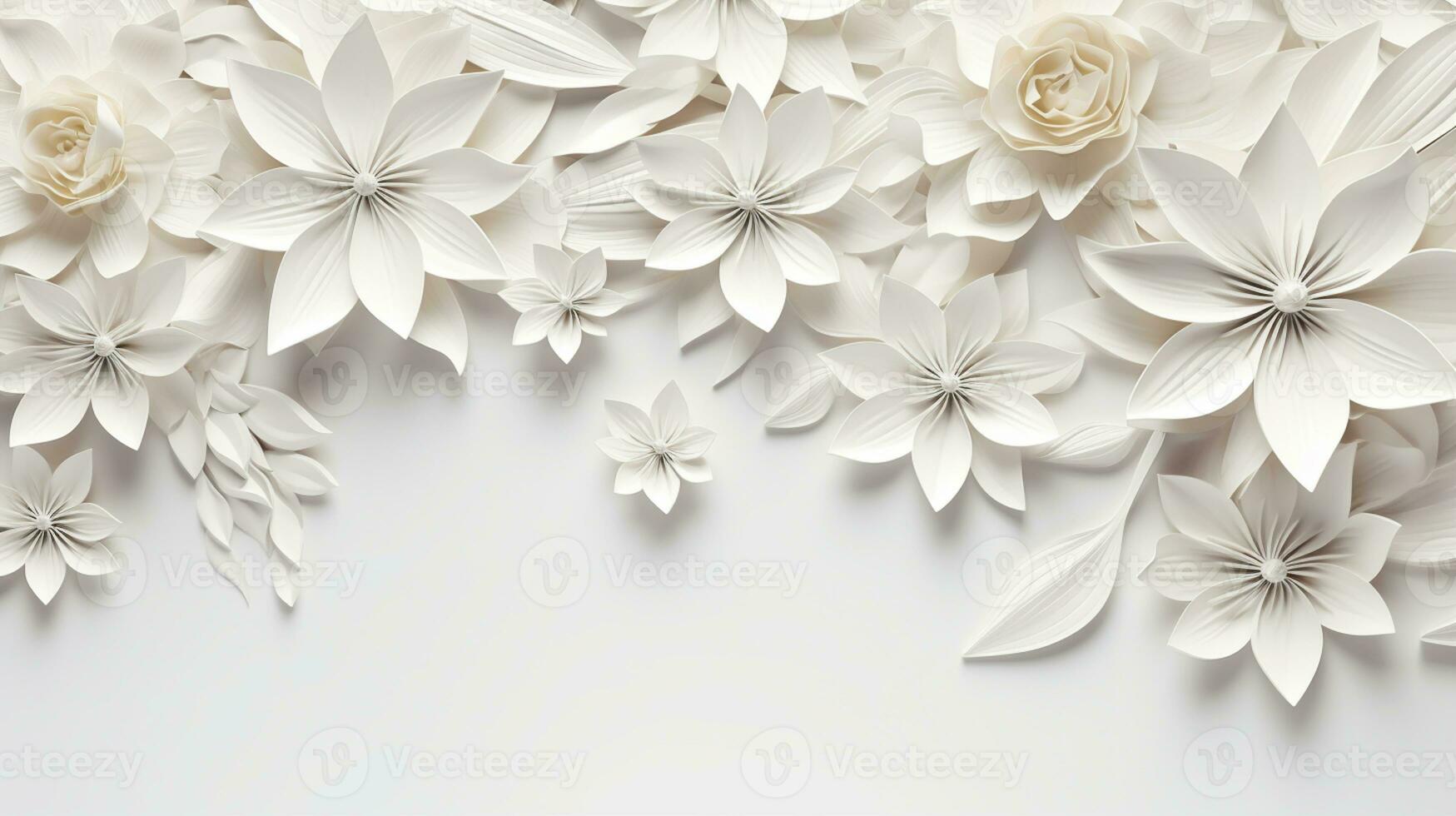white paper flowers background, wedding decoration, bridal bouquet, greeting card template, copy space, AI Generative photo