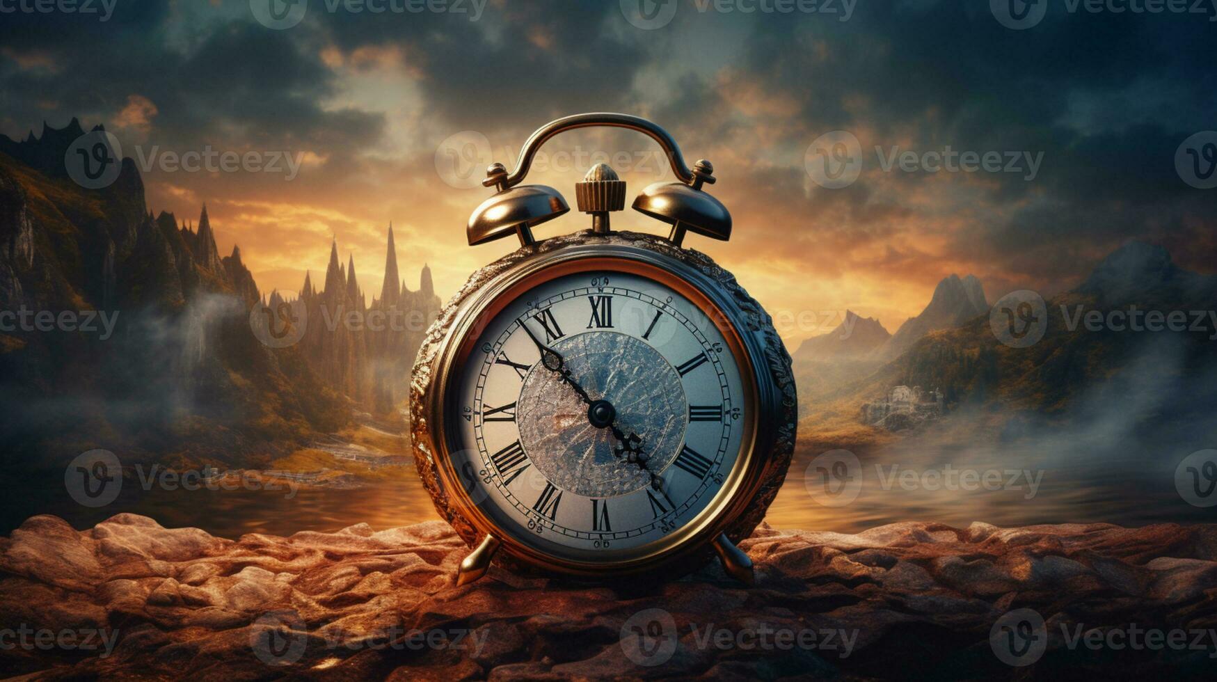 Stunning nature background, Amazing natural scenery, vintage alarm clock, AI Generative photo