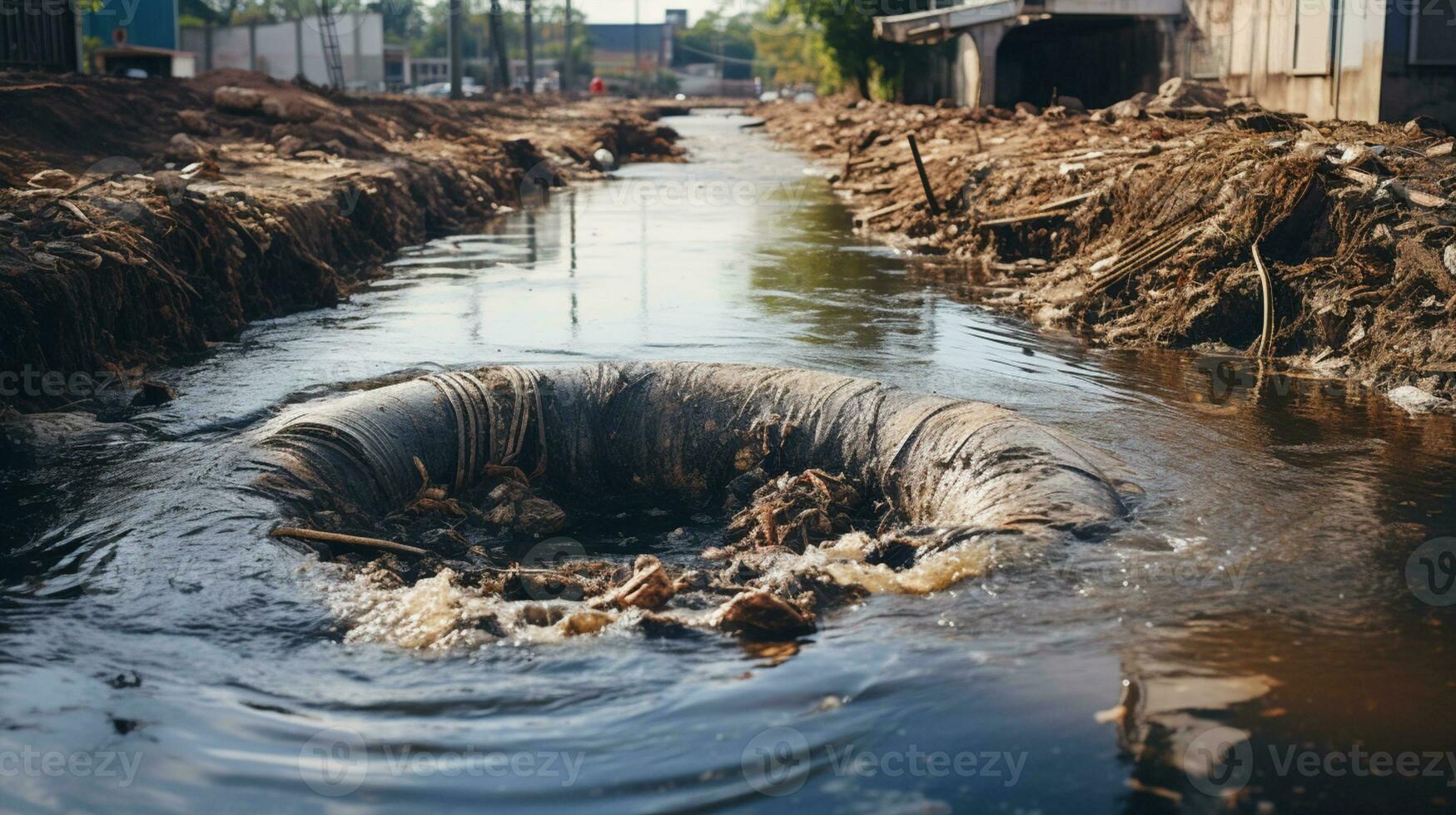 Contaminated water concept, Dirty water flows from the pipe into the river, Water pollution, environment contamination, AI Generative photo