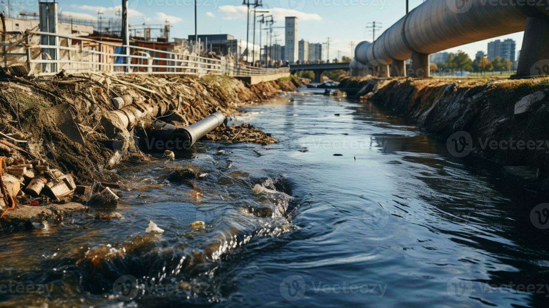 Contaminated water concept, Dirty water flows from the pipe into the river, Water pollution, environment contamination, AI Generative photo