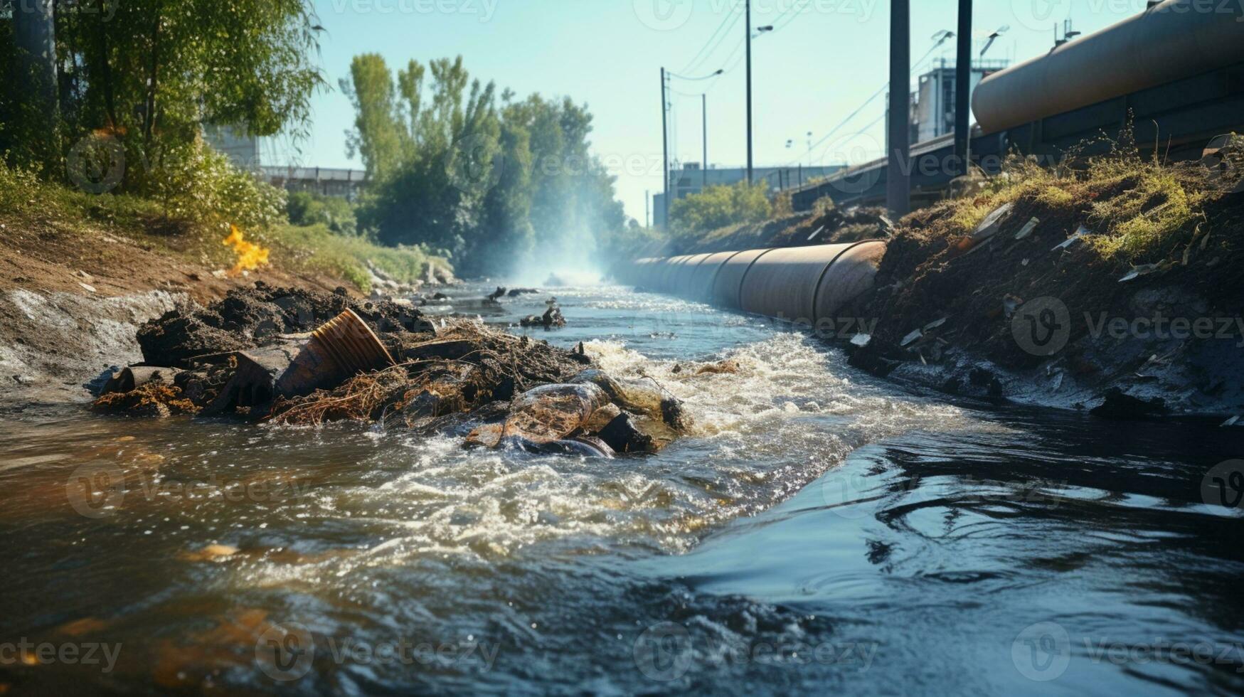 contaminado agua concepto, sucio agua fluye desde el tubo dentro el río, agua contaminación, ambiente contaminación, ai generativo foto