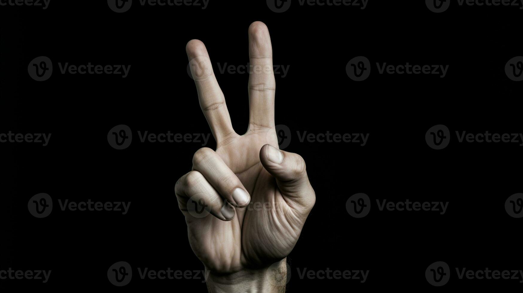 Hand showing peace sign isolated on black background, AI Generative photo