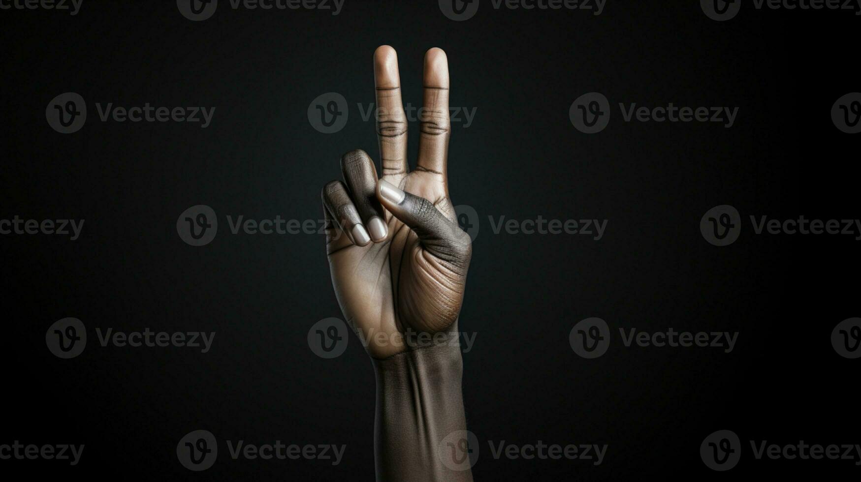 Hand showing peace sign isolated on black background, AI Generative photo