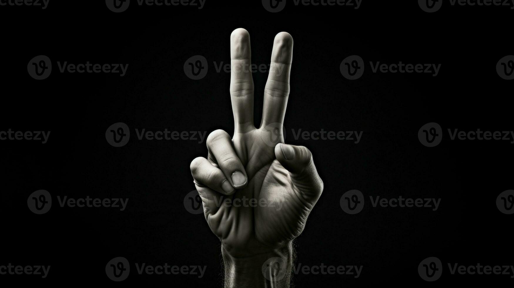 Hand showing peace sign isolated on black background, AI Generative photo