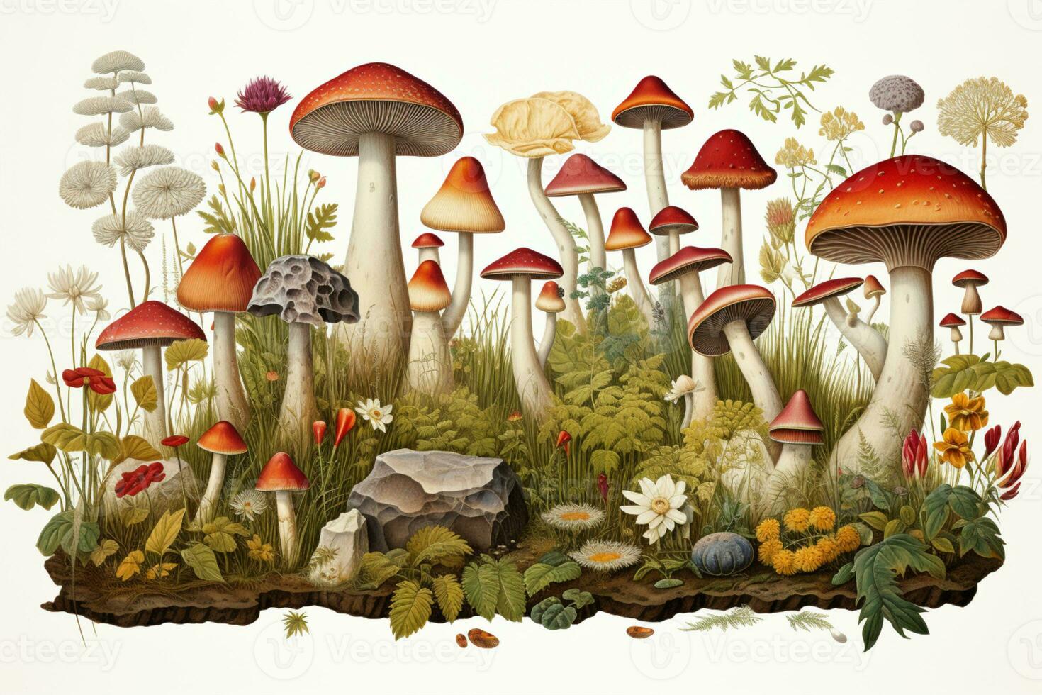 Mushroom Botanical illustration, item sheet, AI Generative photo