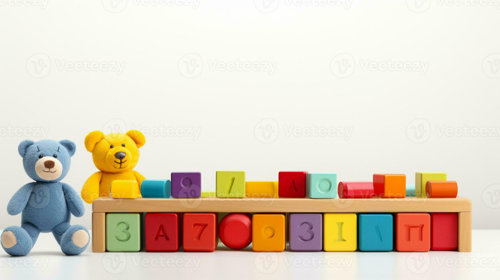 Colorful plastic bricks for kid, toddler, education and learning, toy shop, flat lay, copy space on white background, AI Generative photo