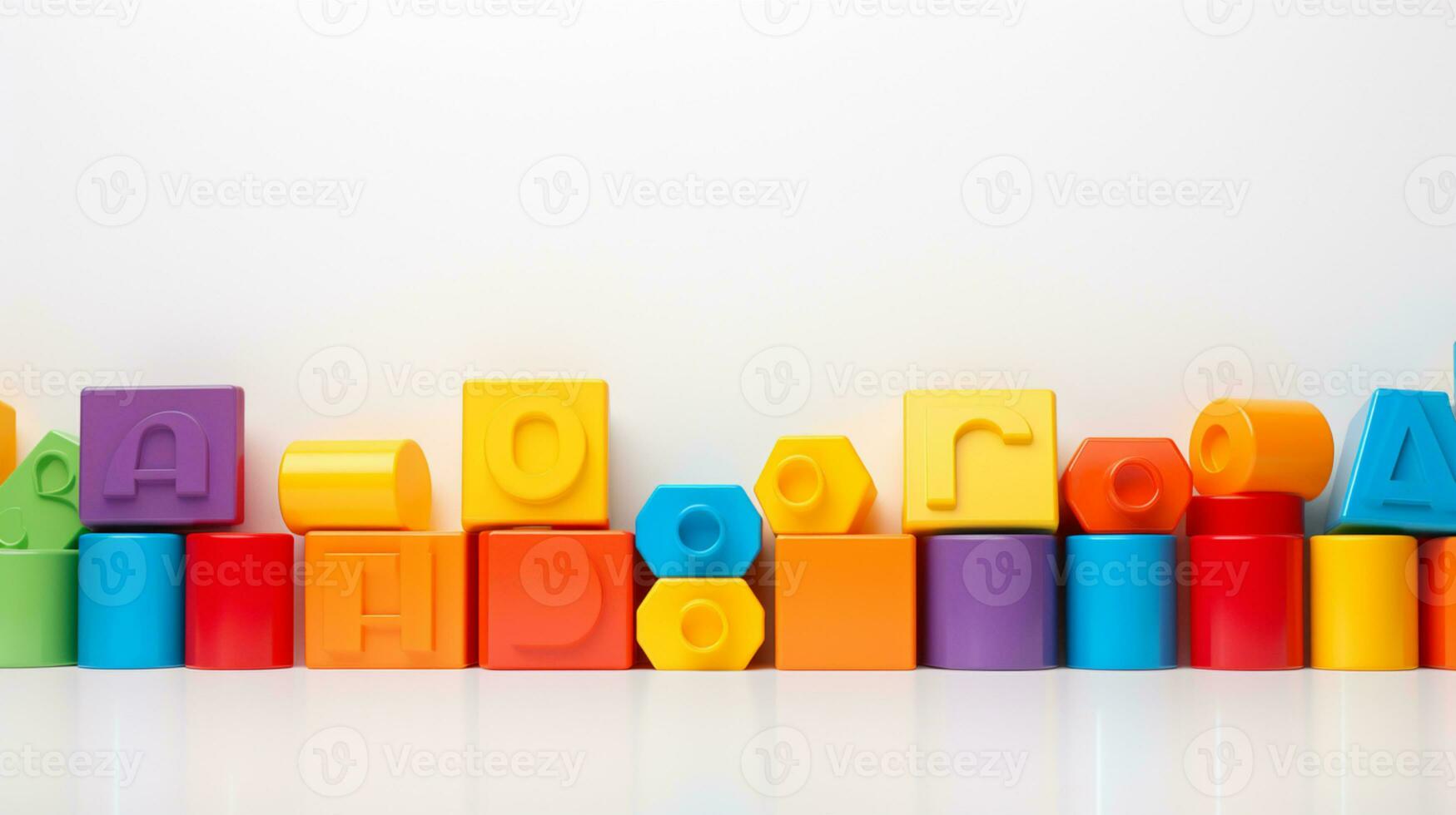Colorful plastic bricks for kid, toddler, education and learning, toy shop, flat lay, copy space on white background, AI Generative photo