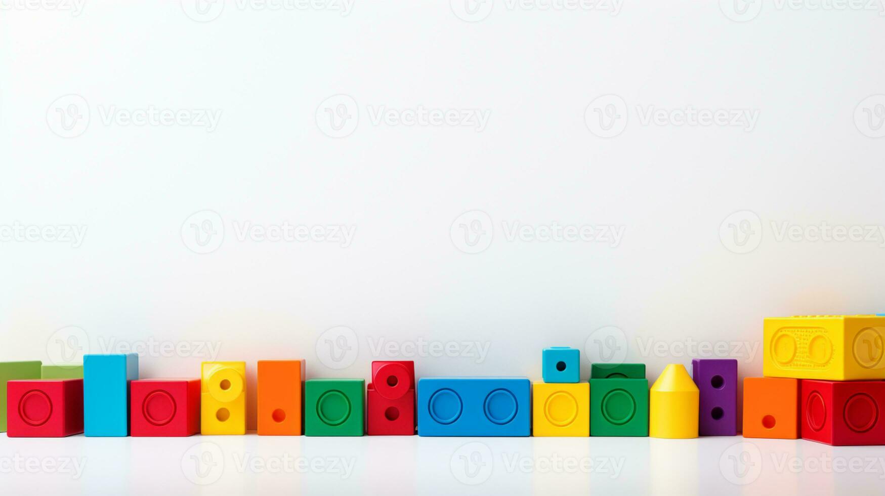 Colorful plastic bricks for kid, toddler, education and learning, toy shop, flat lay, copy space on white background, AI Generative photo