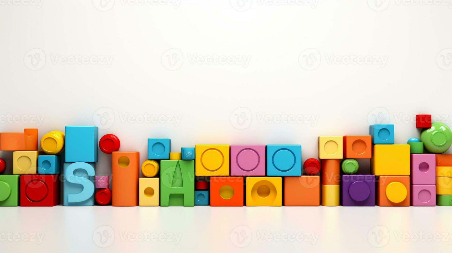 Colorful plastic bricks for kid, toddler, education and learning, toy shop, flat lay, copy space on white background, AI Generative photo