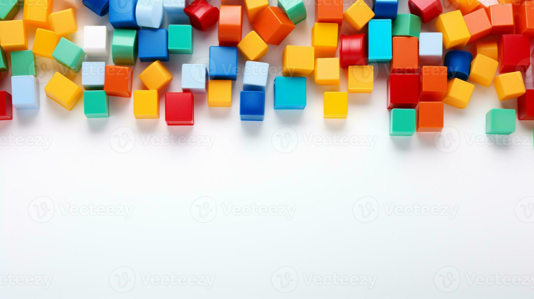 Colorful plastic bricks for kid, toddler, education and learning, toy shop, flat lay, copy space on white background, AI Generative photo