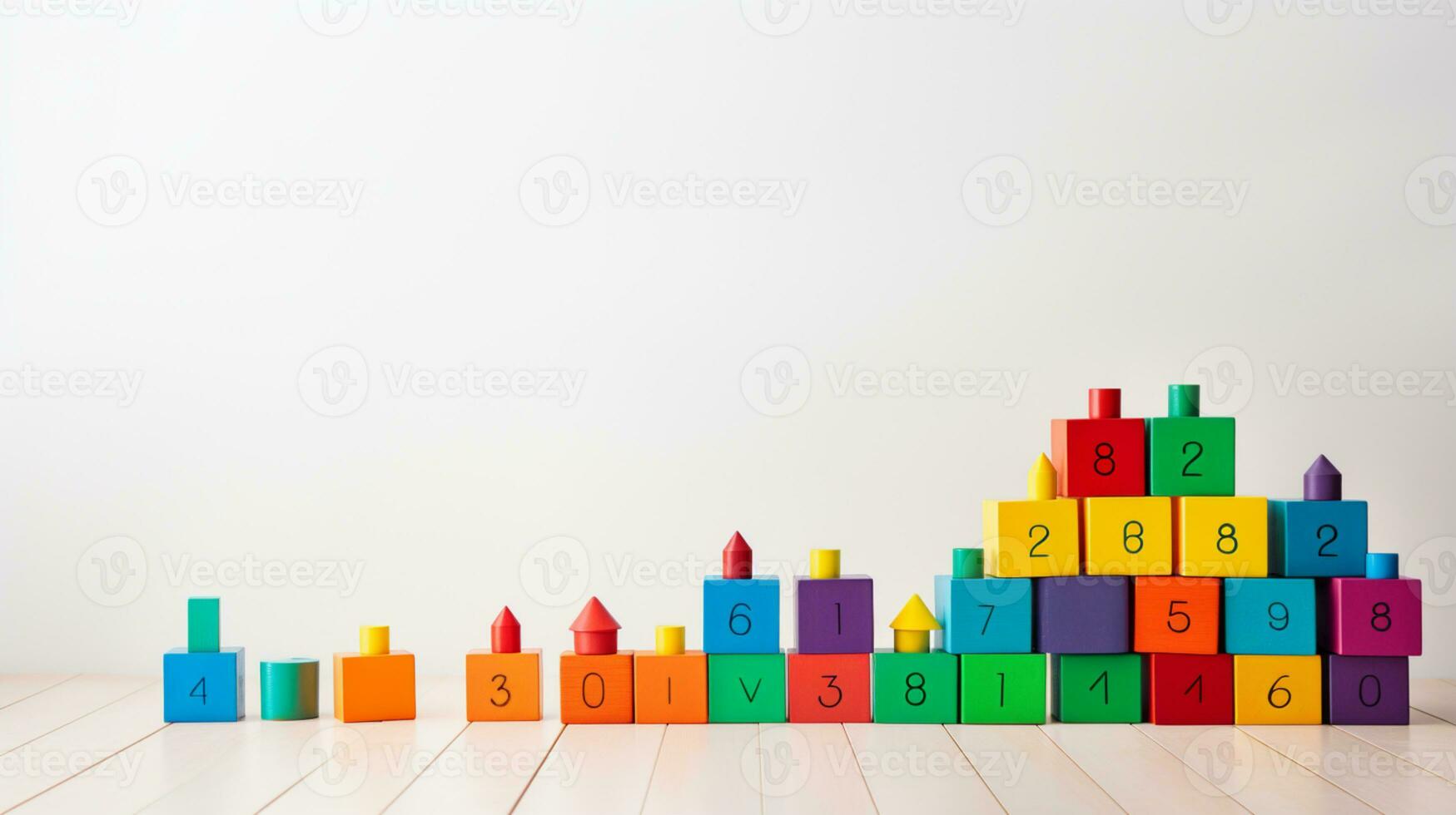 Colorful plastic bricks for kid, toddler, education and learning, toy shop, flat lay, copy space on white background, AI Generative photo