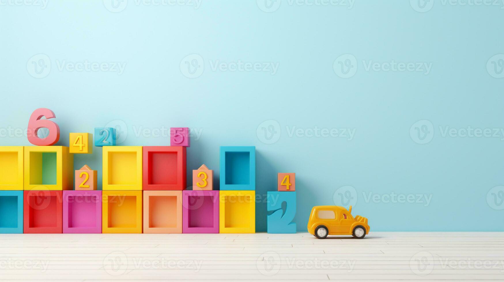 Colorful plastic bricks for kid, toddler, education and learning, toy shop, flat lay, copy space on white background, AI Generative photo