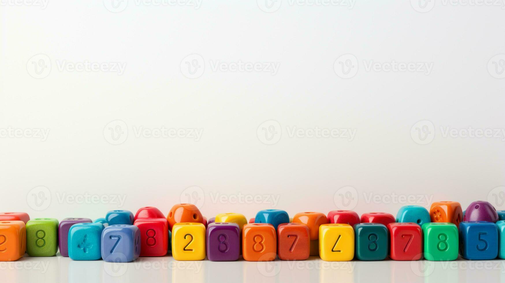 Colorful plastic bricks for kid, toddler, education and learning, toy shop, flat lay, copy space on white background, AI Generative photo