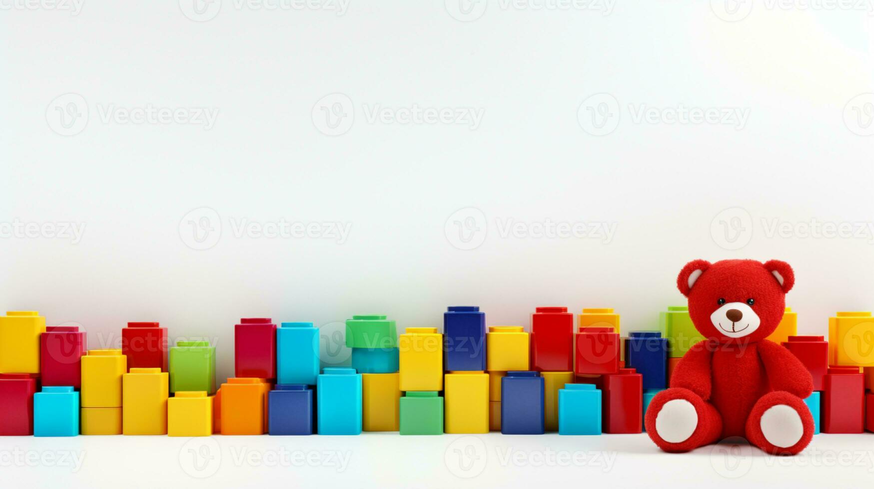 Colorful plastic bricks for kid, toddler, education and learning, toy shop, flat lay, copy space on white background, AI Generative photo