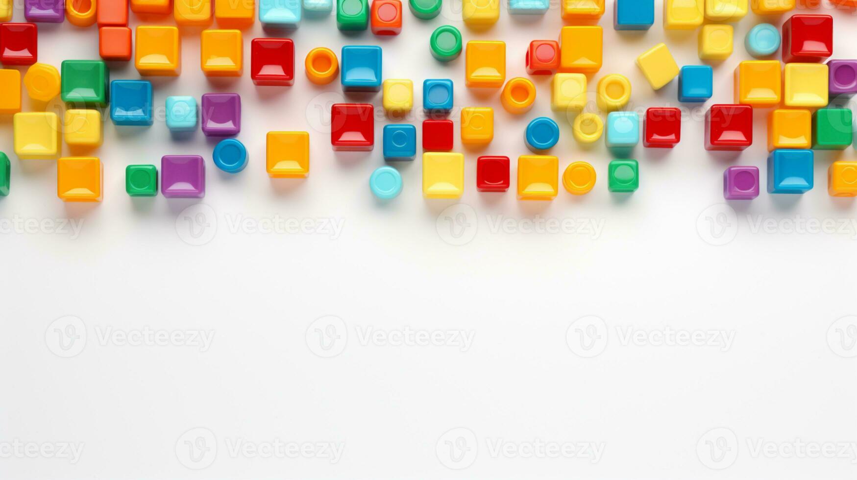 Colorful plastic bricks for kid, toddler, education and learning, toy shop, flat lay, copy space on white background, AI Generative photo