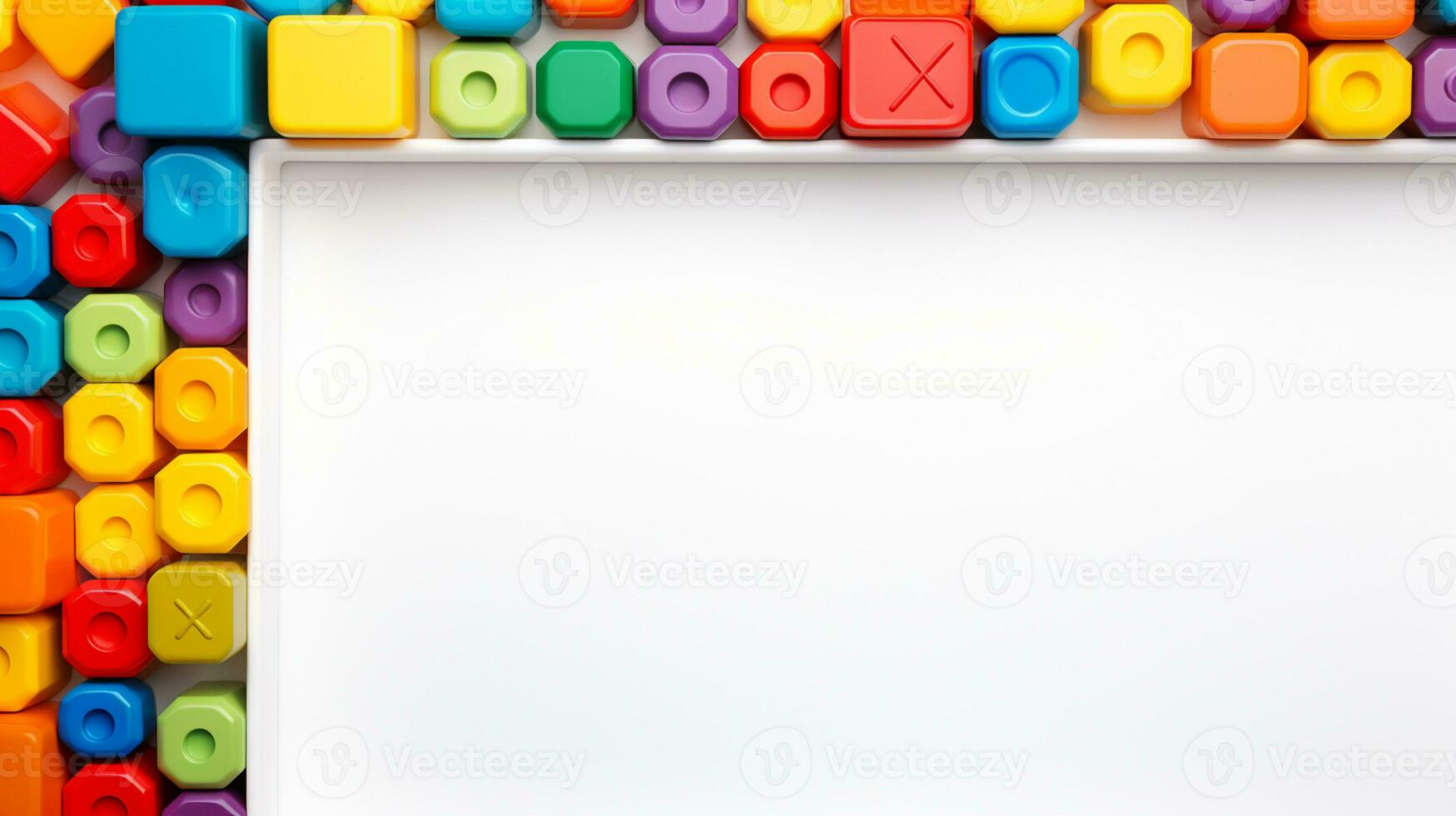 Colorful plastic bricks for kid, toddler, education and learning, toy shop, flat lay, copy space on white background, AI Generative photo