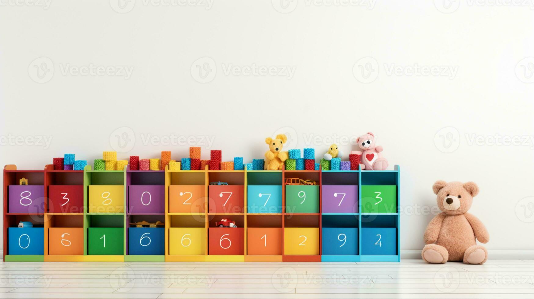 Colorful plastic bricks for kid, toddler, education and learning, toy shop, flat lay, copy space on white background, AI Generative photo