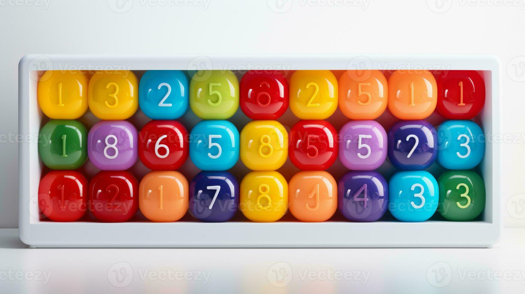 Colorful plastic bricks for kid, toddler, education and learning, toy shop, flat lay, copy space on white background, AI Generative photo