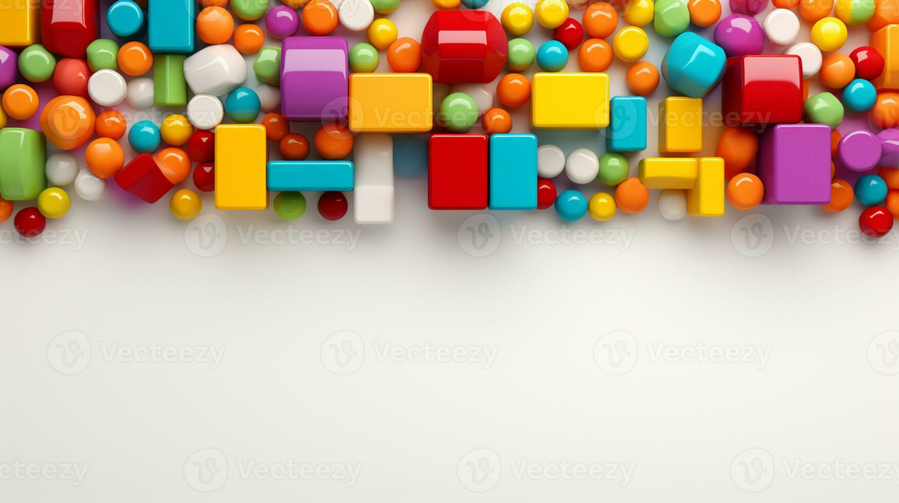 Colorful plastic bricks for kid, toddler, education and learning, toy shop, flat lay, copy space on white background, AI Generative photo