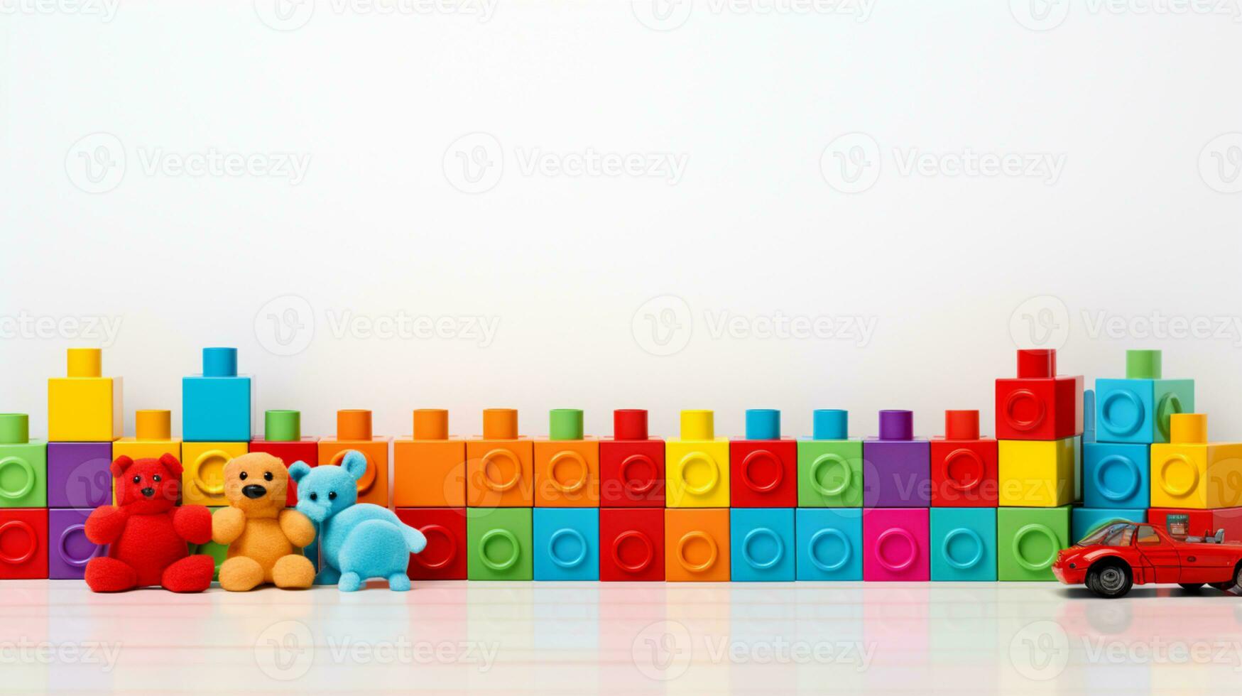 Colorful plastic bricks for kid, toddler, education and learning, toy shop, flat lay, copy space on white background, AI Generative photo