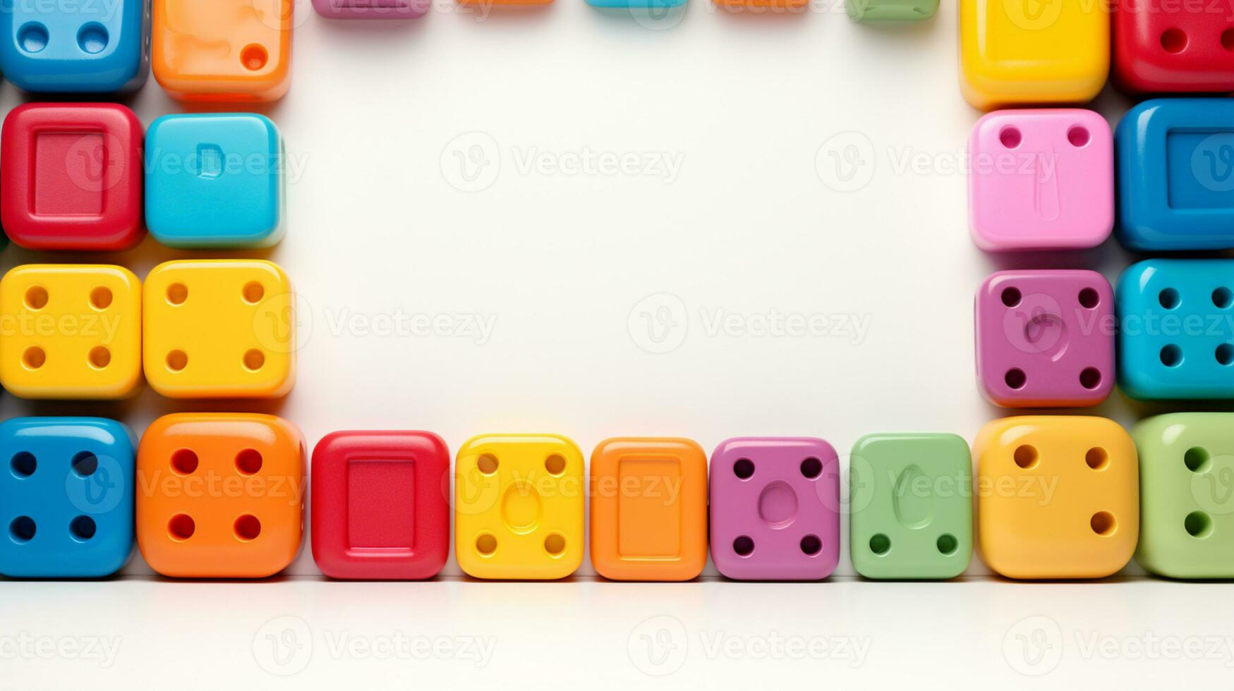 Colorful plastic bricks for kid, toddler, education and learning, toy shop, flat lay, copy space on white background, AI Generative photo