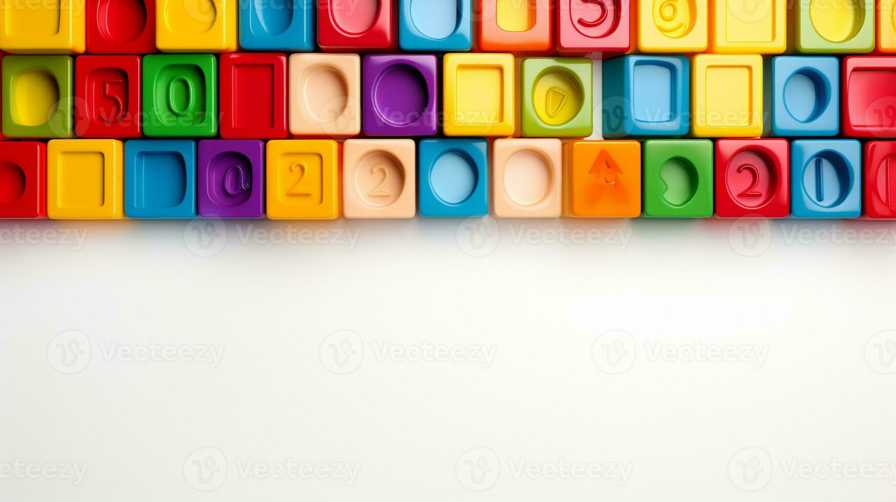 Colorful plastic bricks for kid, toddler, education and learning, toy shop, flat lay, copy space on white background, AI Generative photo