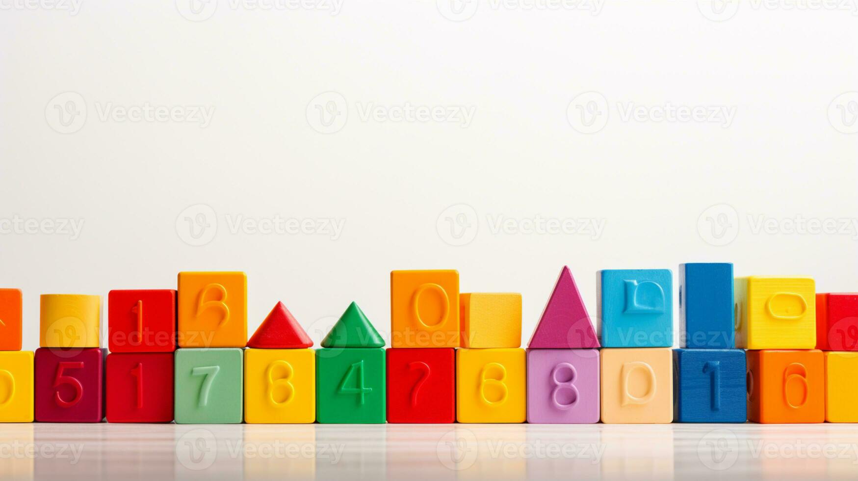 Colorful plastic bricks for kid, toddler, education and learning, toy shop, flat lay, copy space on white background, AI Generative photo