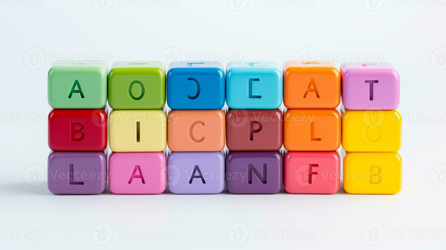 Colorful plastic bricks for kid, toddler, education and learning, toy shop, flat lay, copy space on white background, AI Generative photo