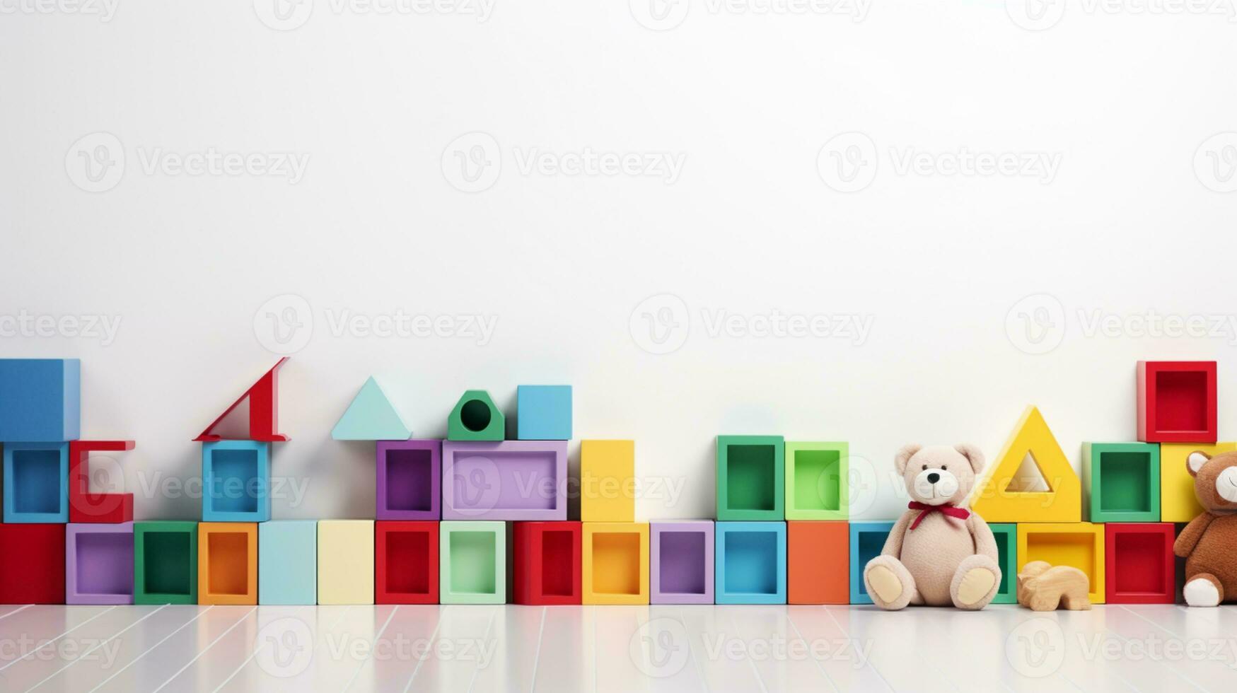 Colorful plastic bricks for kid, toddler, education and learning, toy shop, flat lay, copy space on white background, AI Generative photo