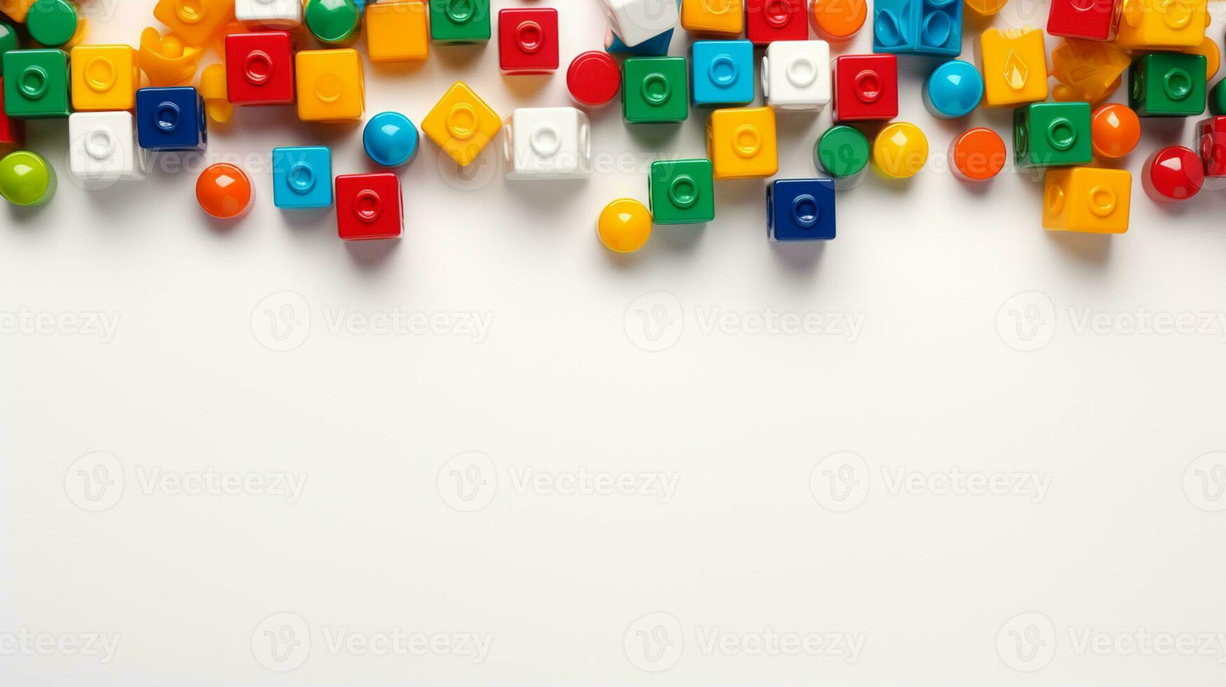 Colorful plastic bricks for kid, toddler, education and learning, toy shop, flat lay, copy space on white background, AI Generative photo