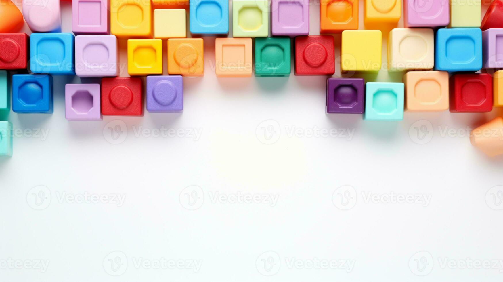 Colorful plastic bricks for kid, toddler, education and learning, toy shop, flat lay, copy space on white background, AI Generative photo