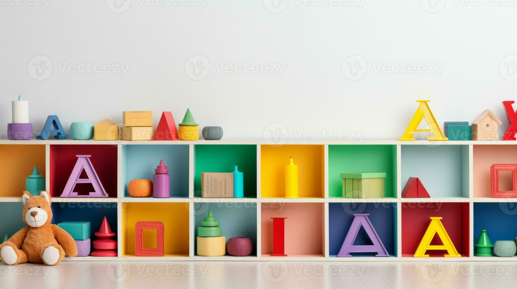 Colorful plastic bricks Alphabet for kid, toddler, education and learning, toy shop, flat lay, copy space on white background, AI Generative photo