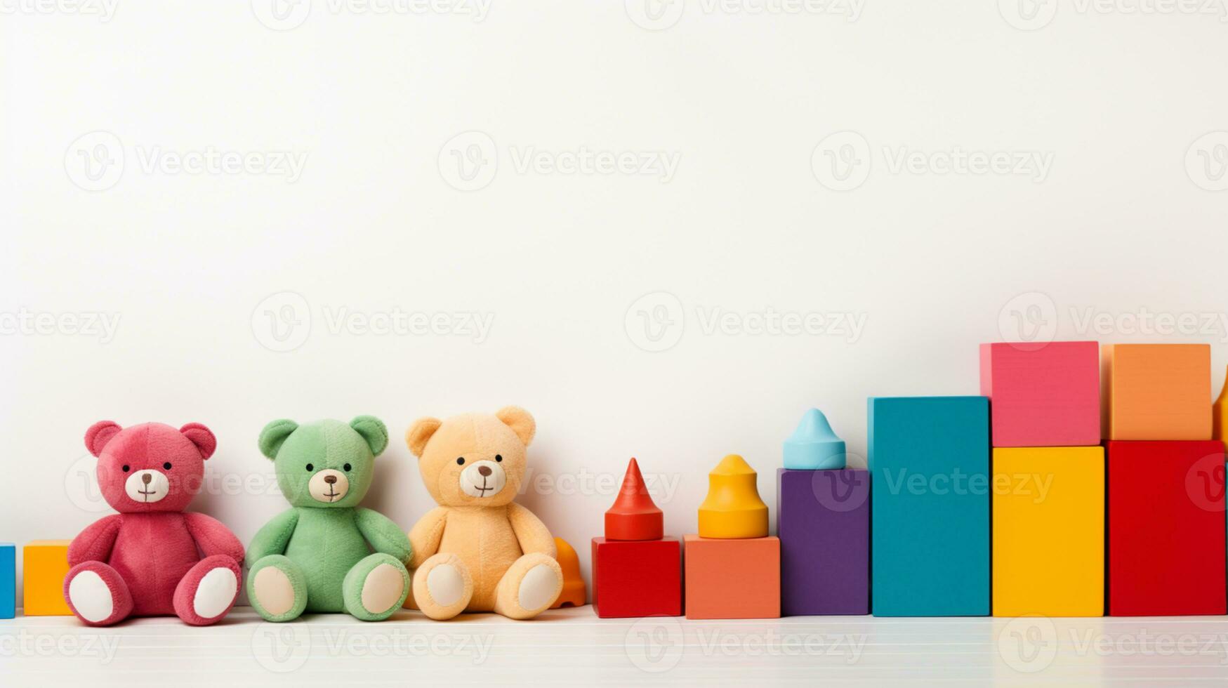 Colorful plastic bricks for kid, toddler, education and learning, toy shop, flat lay, copy space on white background, AI Generative photo