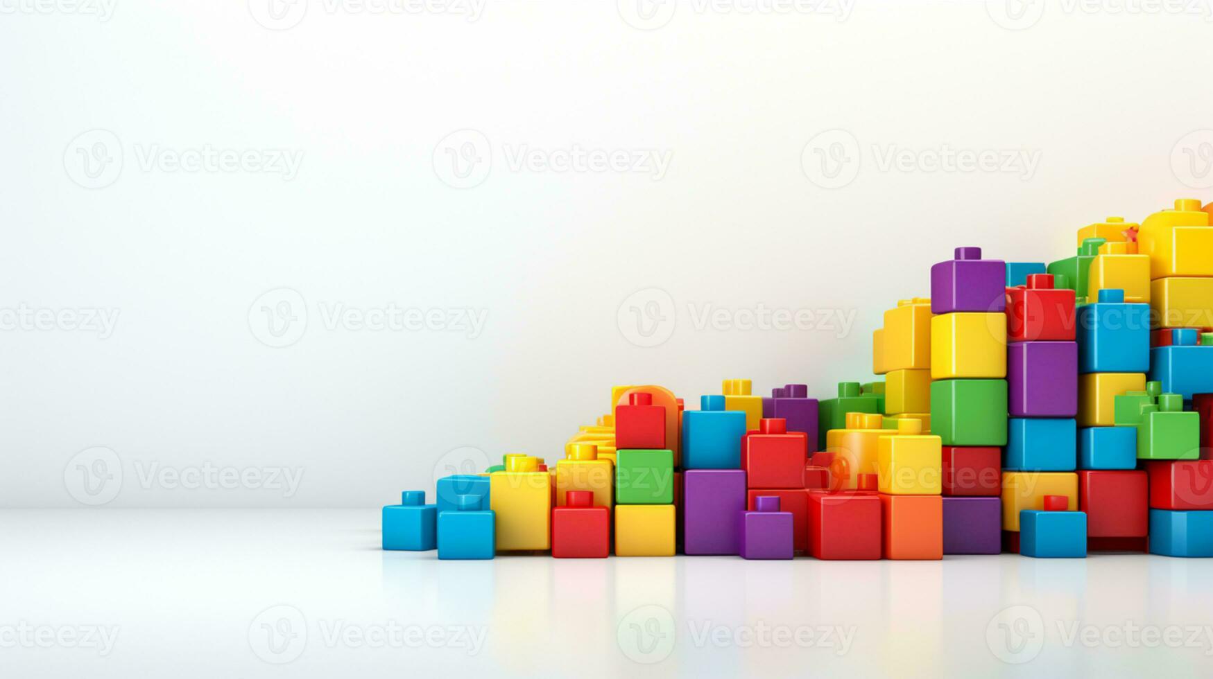 Colorful plastic bricks for kid, toddler, education and learning, toy shop, flat lay, copy space on white background, AI Generative photo