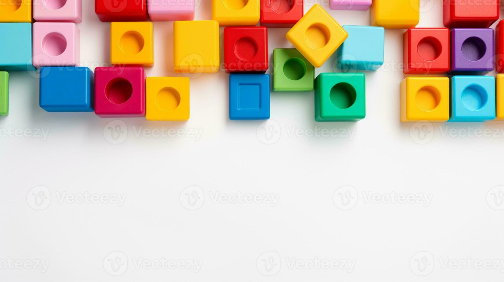 Colorful plastic bricks for kid, toddler, education and learning, toy shop, flat lay, copy space on white background, AI Generative photo