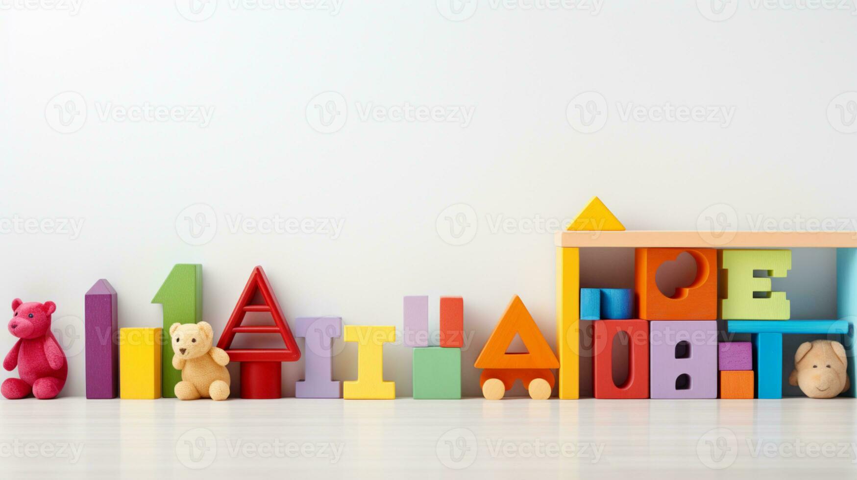 Colorful plastic bricks for kid, toddler, education and learning, toy shop, flat lay, copy space on white background, AI Generative photo