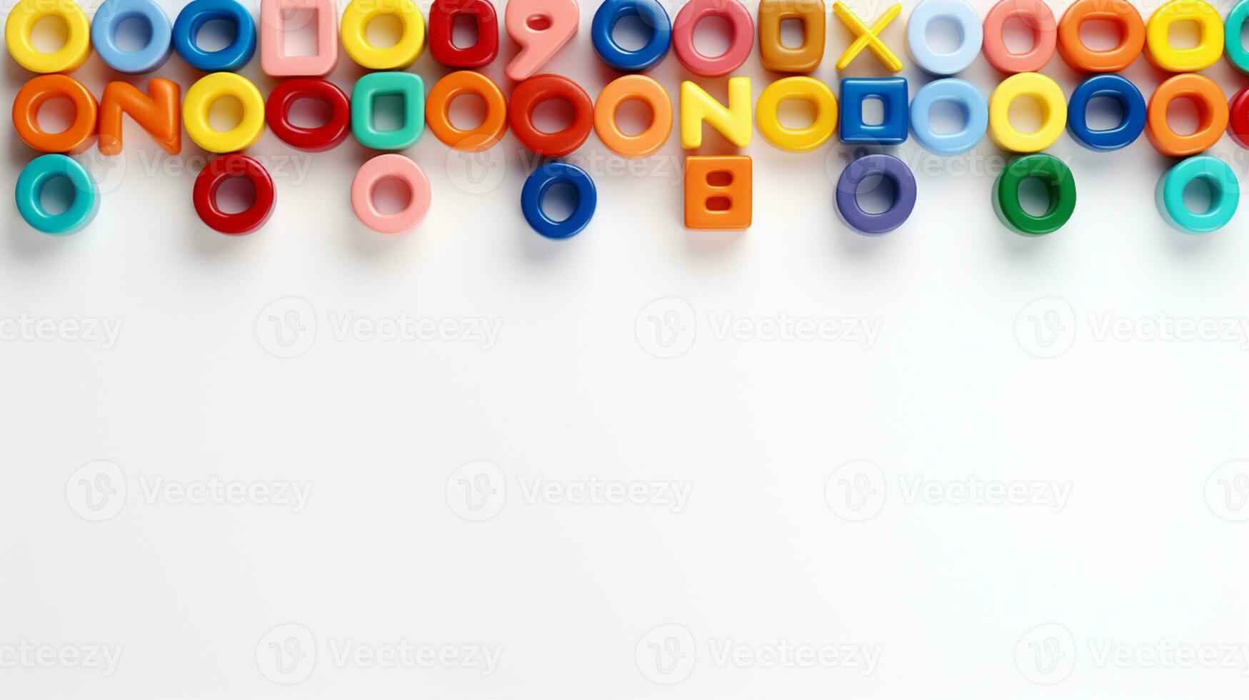 Colorful plastic bricks for kid, toddler, education and learning, toy shop, flat lay, copy space on white background, AI Generative photo