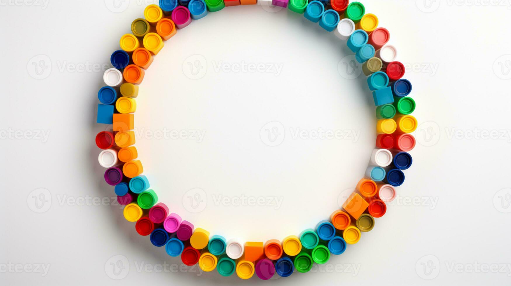 Colorful plastic bricks for kid, toddler, education and learning, toy shop, flat lay, copy space on white background, AI Generative photo