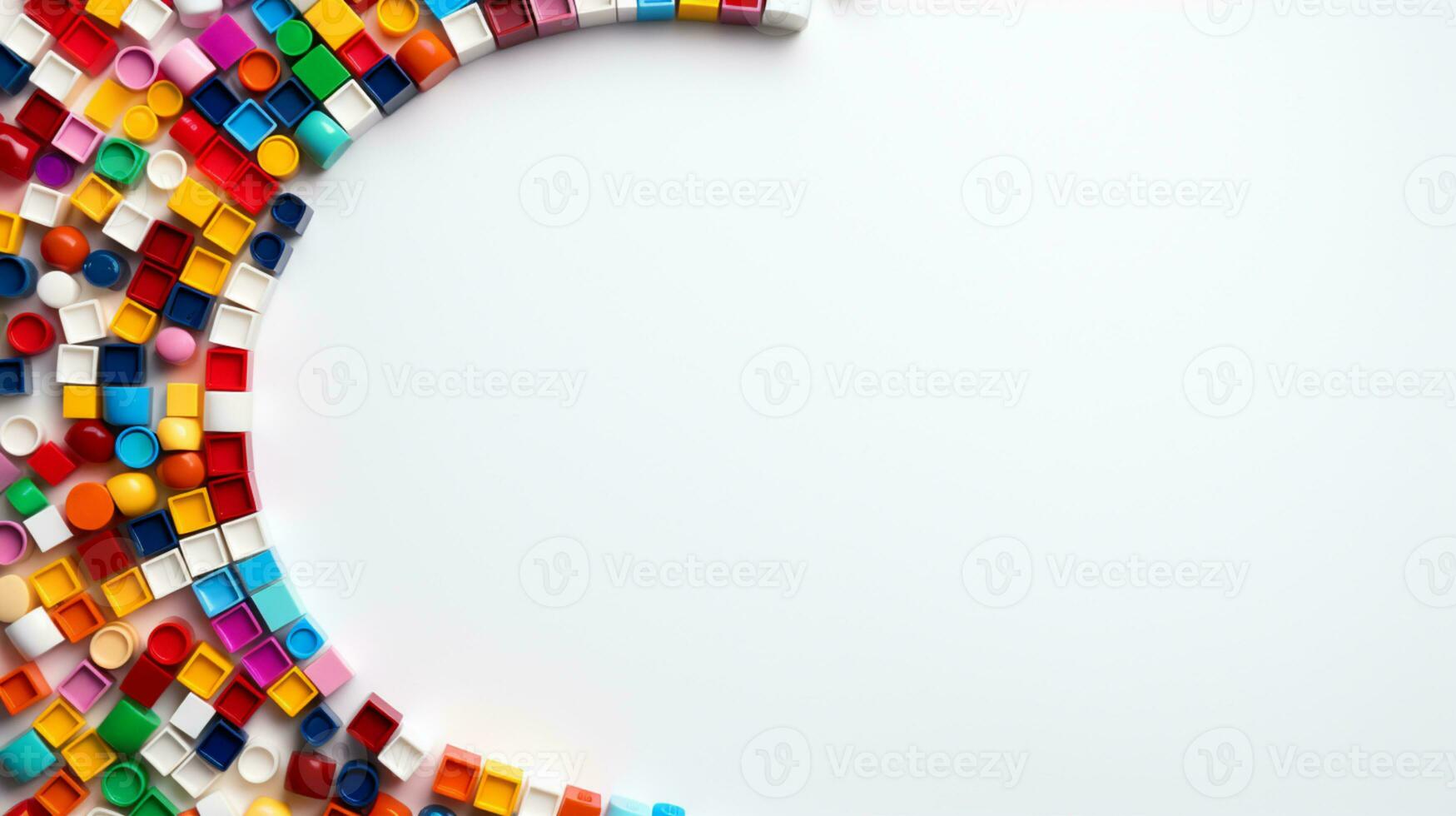 Colorful plastic bricks for kid, toddler, education and learning, toy shop, flat lay, copy space on white background, AI Generative photo
