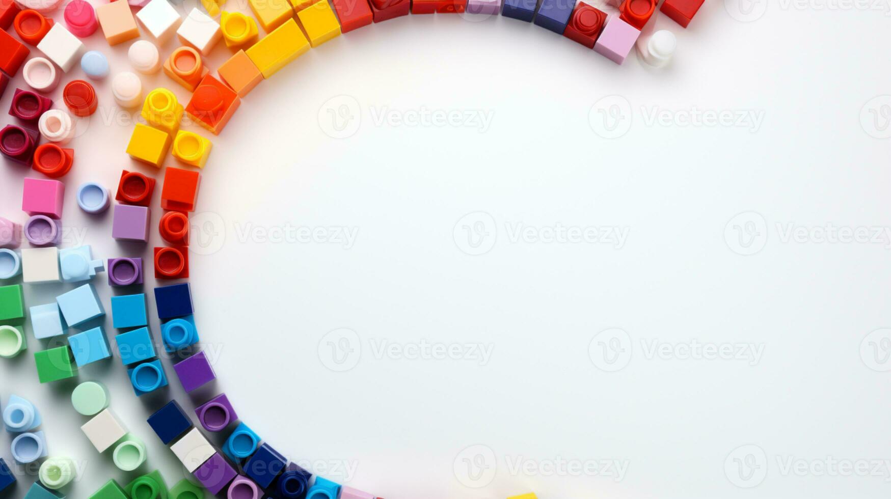 Colorful plastic bricks for kid, toddler, education and learning, toy shop, flat lay, copy space on white background, AI Generative photo