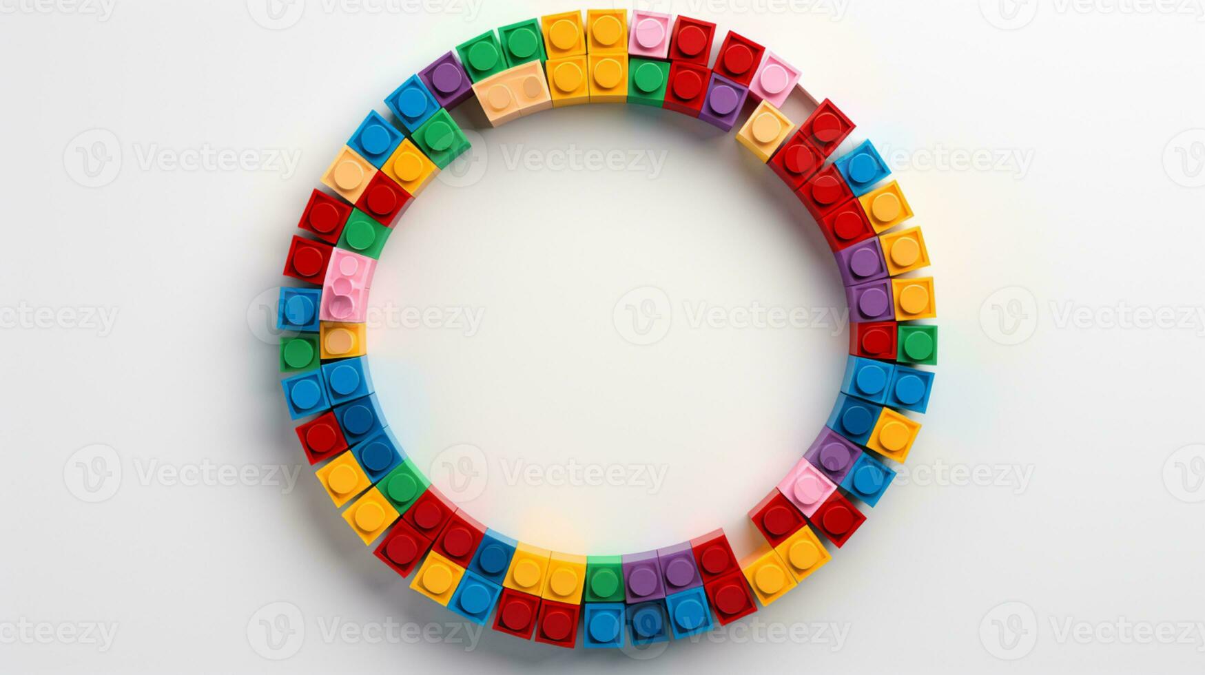 Colorful plastic bricks for kid, toddler, education and learning, toy shop, flat lay, copy space on white background, AI Generative photo